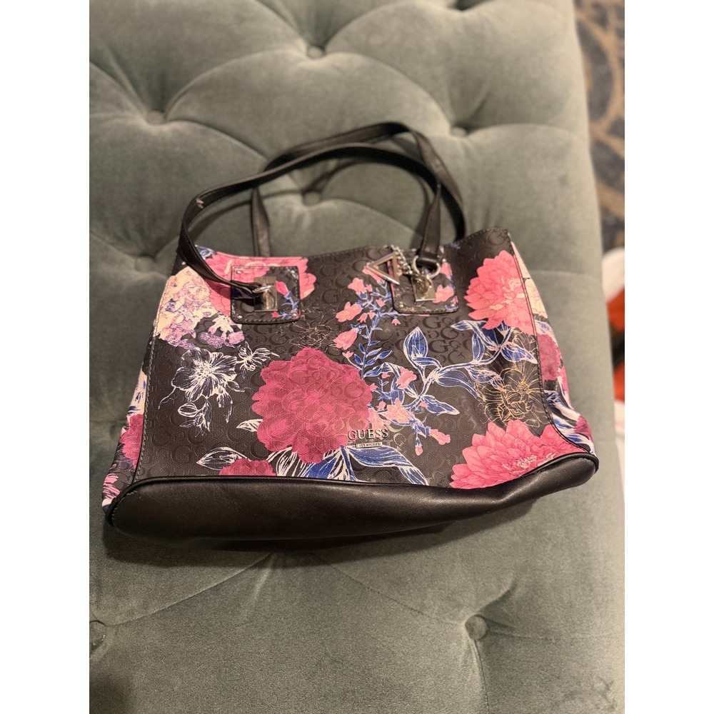 Guess Los Angeles Black Floral Monogram Tote Bag Pink Blue Silver Tone Hardware